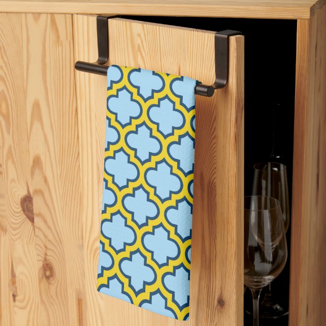 Linge De Cuisine Trellis bleu et jaune, treillis, Quatrefoil (Pliage en tiers)