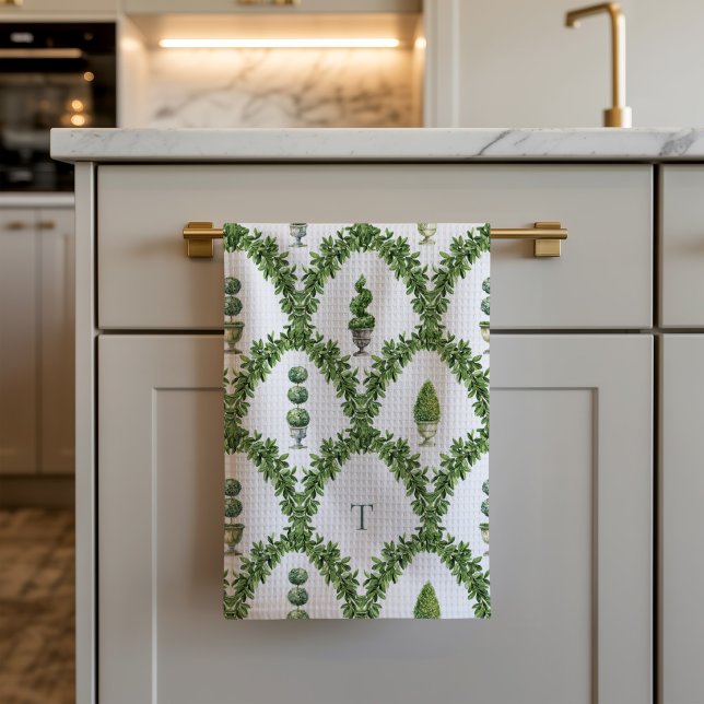 Linge De Cuisine Trellis d'arbre en topiaire monogrammé  (Topiary tree trellis kitchen towel)