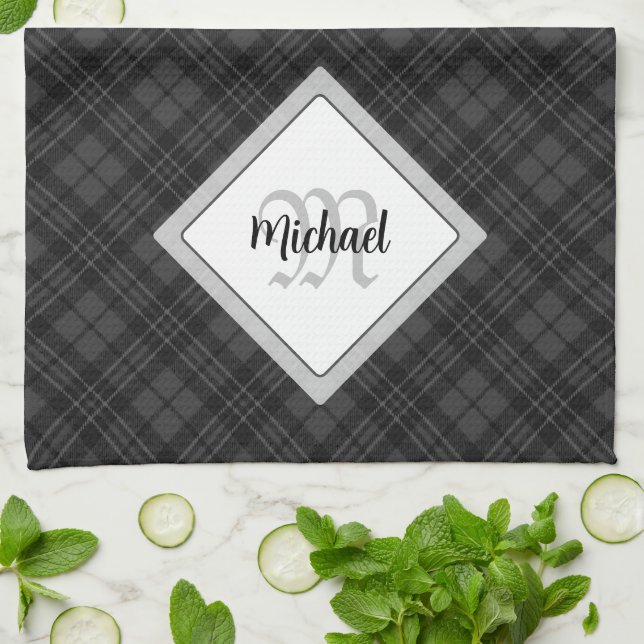 Linge De Cuisine Trendy noir blanc tartan Personnaliser Monogramme (Plié)