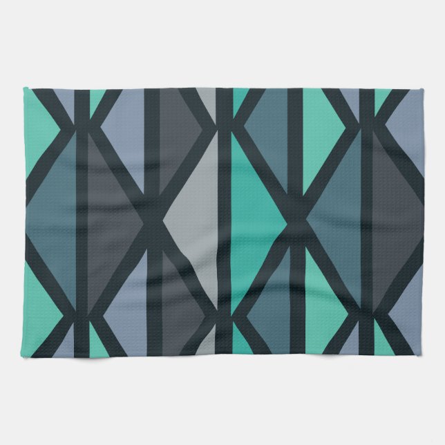 Linge De Cuisine Triangles d'art géométrique rétro Turquoise noir (Horizontal)