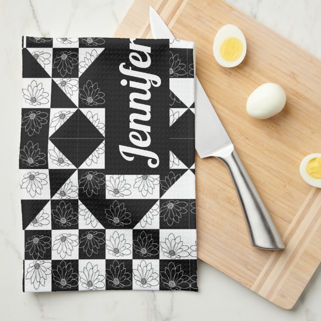 Linge De Cuisine Triangles floraux à damiers monochrome élégant (Quart Plié)