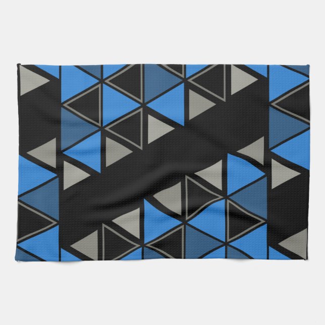 Linge De Cuisine Triangles géométriques rétro Argent bleu (Horizontal)