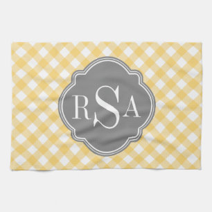 Linge De Cuisine Triple Monogramme gris jaune En vichy Motif