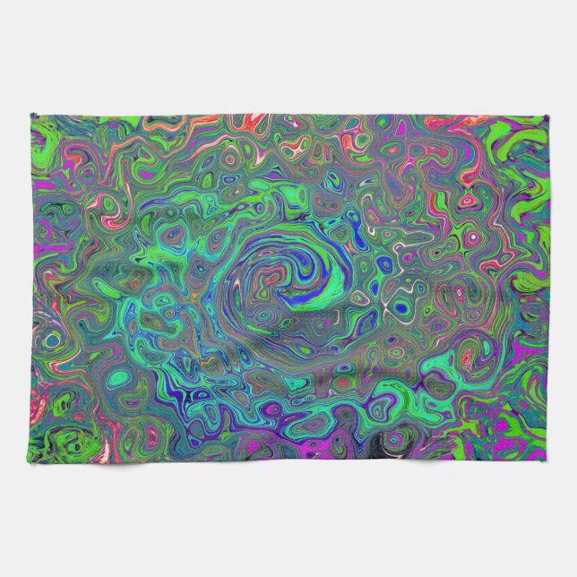 Linge De Cuisine Trippy Chartreuse et Blue Retro Liquid Swirl (Horizontal)