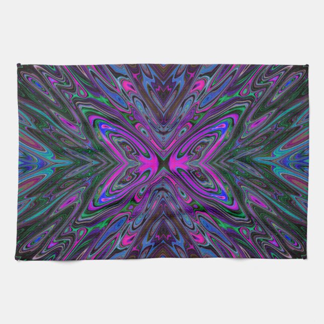 Linge De Cuisine Trippy Magenta, Bleu et Vert Papillon Abstrait (Horizontal)