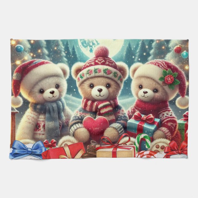 Linge De Cuisine Trois mignons Nounours Joyeux Noël (Horizontal)