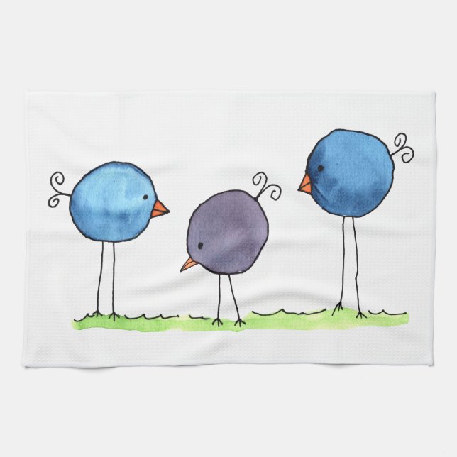 Linge De Cuisine Trois oiseaux aquarelles fantaisistes (Horizontal)