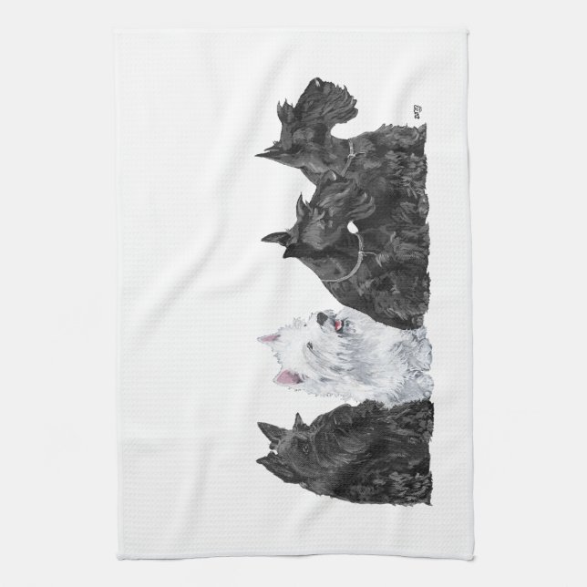 Linge De Cuisine Trois Scotties et un Westie (Vertical)