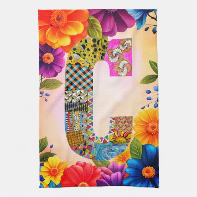 Linge De Cuisine Tropical Flowers Monogram C Kitchen Towel (Vertical)