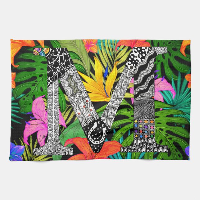 Linge De Cuisine Tropical Flowers Monogram M Kitchen Towel (Horizontal)