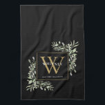 Linge De Cuisine Trousse de Feuilles d'aquarelle couleur noire pour<br><div class="desc">Elégante aquarelle verdure feuille monogramme de nom de la serviette de cuisine avec une initiale monogramme or avec votre nom dans un texte blanc moderne sur un arrière - plan noir chic. Conçu par Thisnotme©</div>