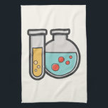 Linge De Cuisine Tube d'essai de chimie et bécher<br><div class="desc">Serviette de cuisine avec une jolie illustration d'un tube d'essai tenant du liquide jaune et un flacon/bécher arrondi tenant du liquide vert avec des bulles rouges.</div>