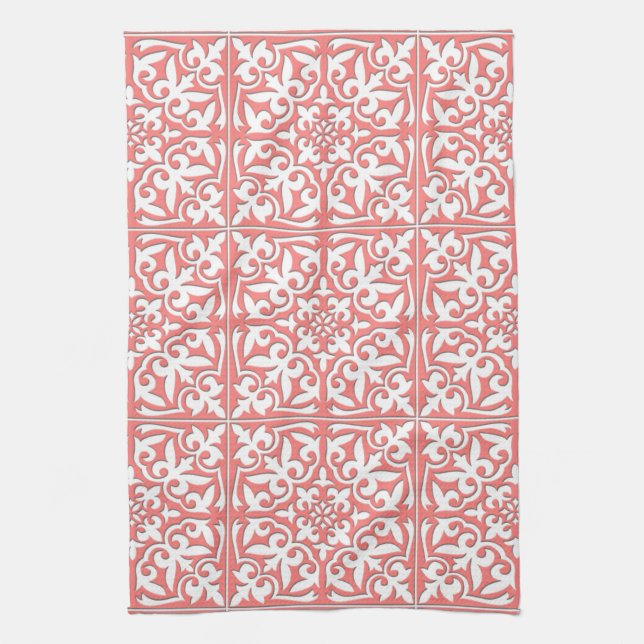 Linge De Cuisine Tuile marocaine - rose de corail et blanc (Vertical)