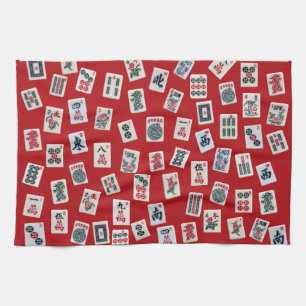 Linge De Cuisine tuiles de MahJong (symboles) sur fond rouge