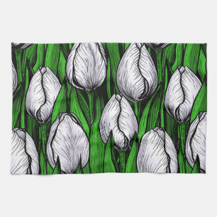 Linge De Cuisine Tulières blanches avec feuilles verts