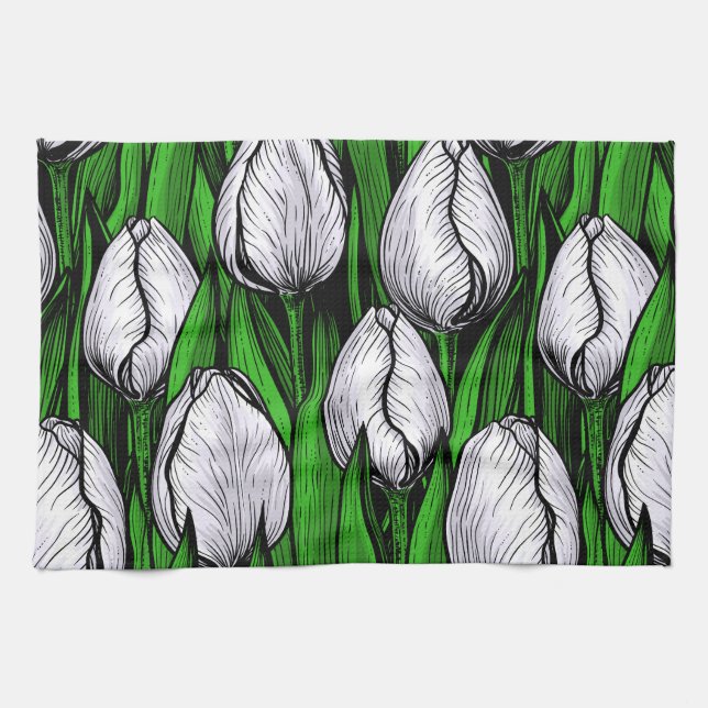 Linge De Cuisine Tulières blanches avec feuilles verts (Horizontal)