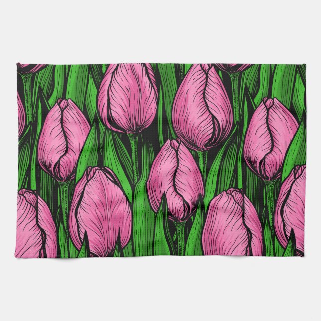 Linge De Cuisine Tulières roses avec feuilles verts (Horizontal)