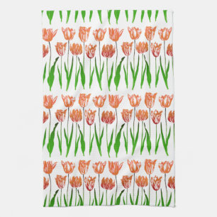 Linge De Cuisine Tulip Garden Imprimer en Coral Orange et Vert