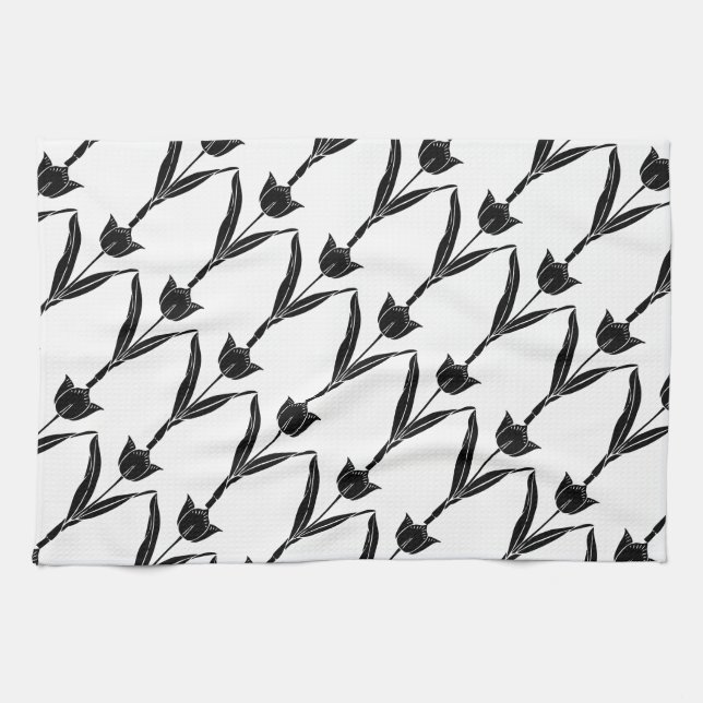 Linge De Cuisine Tulipe noire, Noir et Blanc, Fleur, Floral (Horizontal)