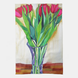 Linge De Cuisine tulipe rose et rouge aquarelle art