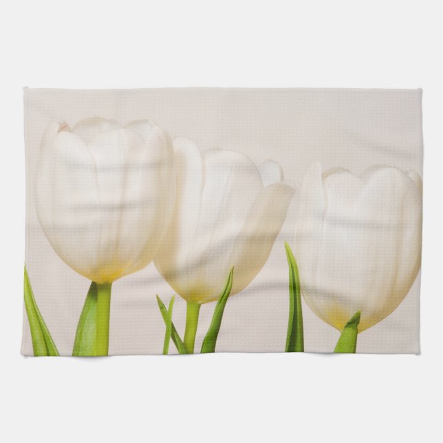 Linge De Cuisine Tulipes blanches sur fond blanc, (Horizontal)
