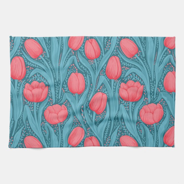 Linge De Cuisine Tulipes en bleu et rouge (Horizontal)