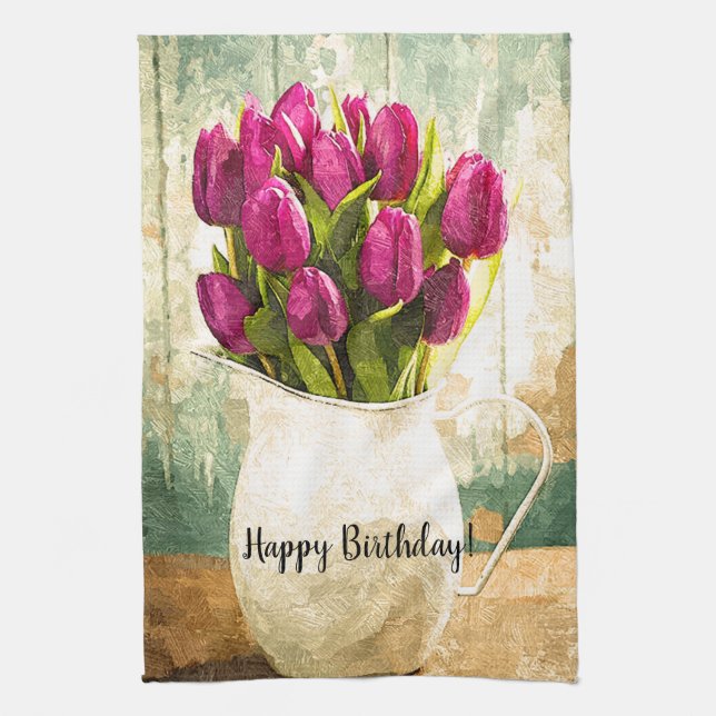Linge De Cuisine Tulipes pourpres, Bouquet de printemps Art d'anniv (Vertical)