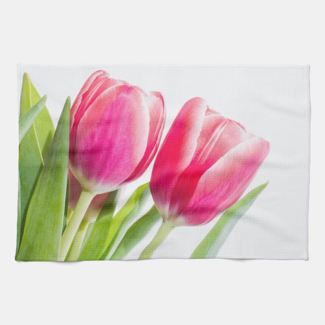 Linge De Cuisine Tulipes roses avec Feuille vert photo (Horizontal)