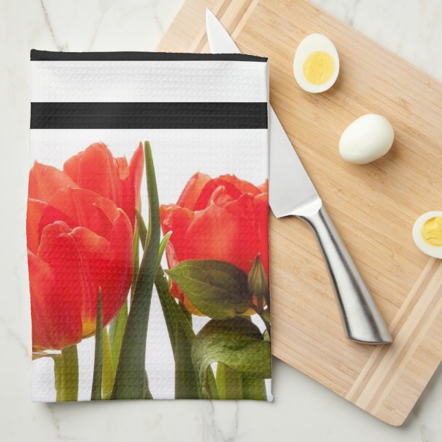 Linge De Cuisine Tulipes rouges modernes avec bandes noires Serviet (Quart Plié)