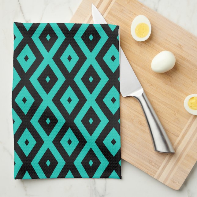 Linge De Cuisine Turquoise and black diamond pattern (Quart Plié)
