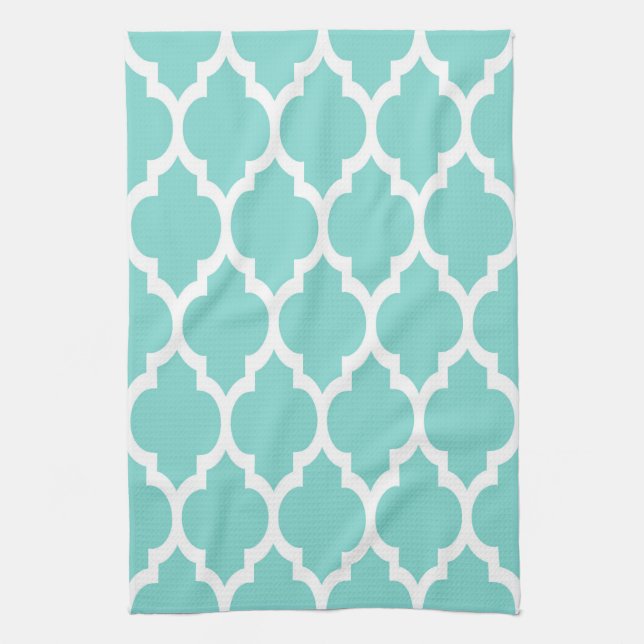 Linge De Cuisine Turquoise Aqua Blanc Motif Quatrefoil Marocain #4 (Vertical)
