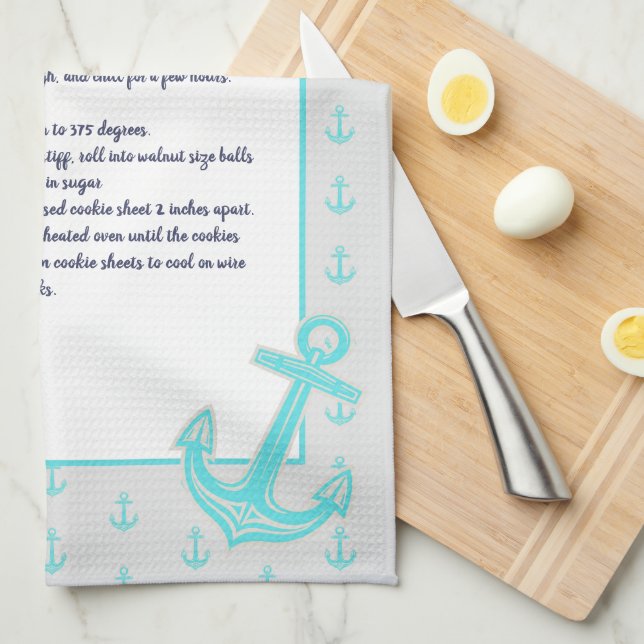 Linge De Cuisine Turquoise bleu Ancre nautique Recette (Quart Plié)
