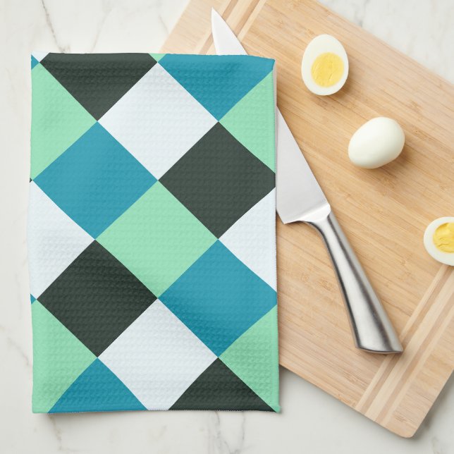 Linge De Cuisine Turquoise Bleu Mint Vert Charbon Blanc Plat (Quart Plié)