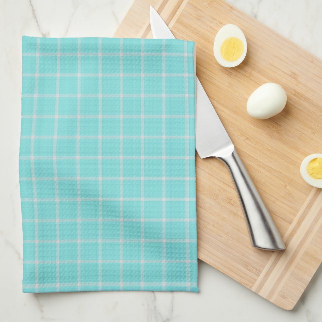 Linge De Cuisine Turquoise clair et Gingham à carreaux blanc (Quart Plié)