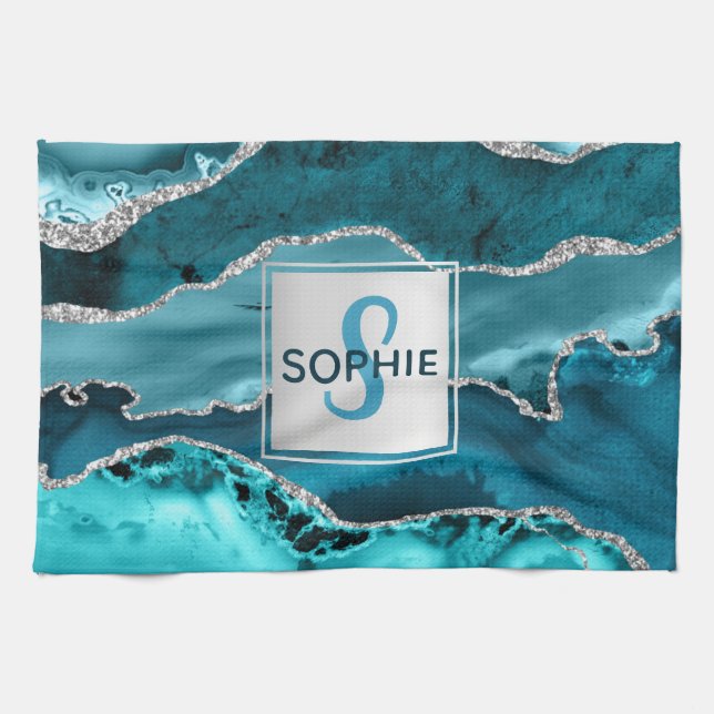 Linge De Cuisine Turquoise et Argent Faux Parties scintillant Marbr (Horizontal)