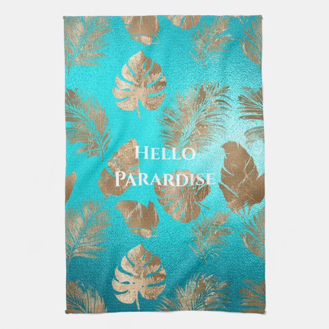 Linge De Cuisine Turquoise Gold Tropical Feuille (Vertical)