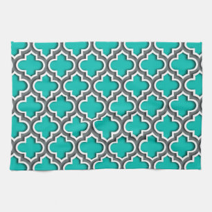 Linge De Cuisine Turquoise gris charbon blanc Quatrefoil marocain #