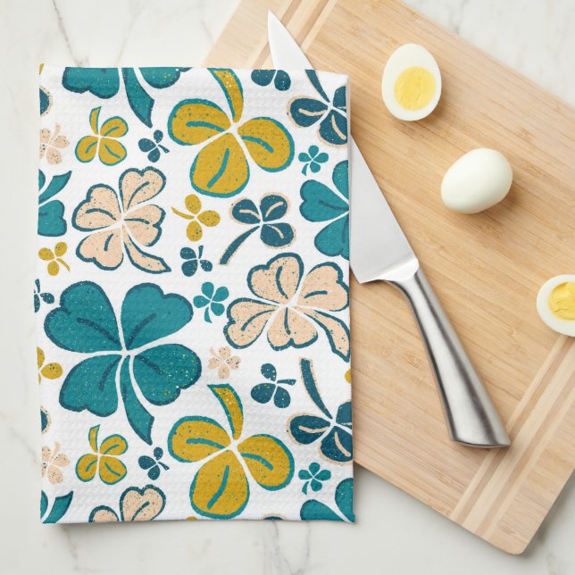 Linge De Cuisine Turquoise Lucky 4 Shamrocks Feuille Motif (Quart Plié)