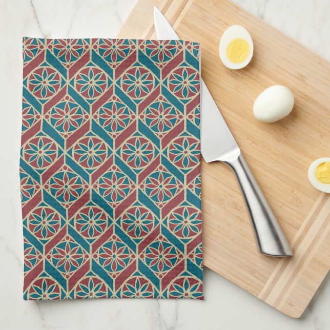 Linge De Cuisine Turquoise, Maroon, Beige Ethnic Floral (Quart Plié)