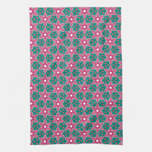 Linge De Cuisine Turquoise + motif géométrique à fleurs roses pr