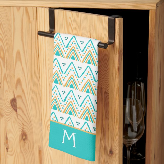 Linge De Cuisine Turquoise Orange Boho Tribal Motif Monogramme (Pliage en tiers)