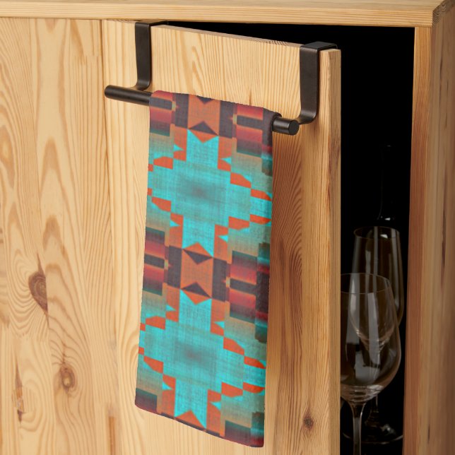 Linge De Cuisine Turquoise Turquoise Orange Rouge Eclectique Ethniq (Pliage en tiers)