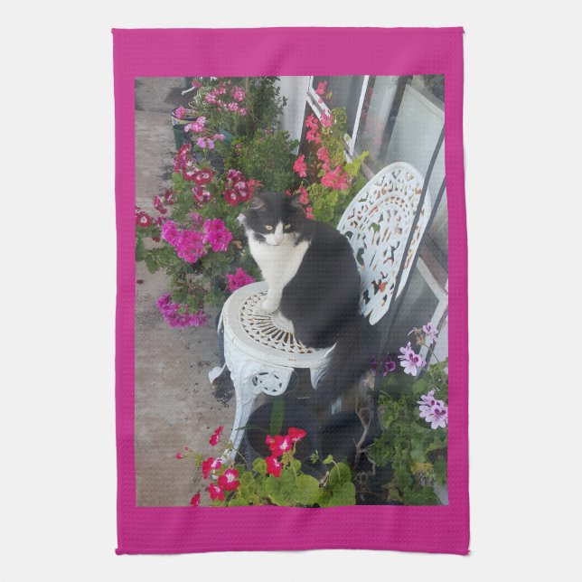 Linge De Cuisine Tuxedo Cat Maroon Dark Pink Cats and Flowers (Vertical)