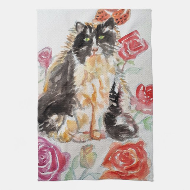 Linge De Cuisine Tuxedo Chat Cute Rose Fleurs Chats Aquarelle Rose (Vertical)