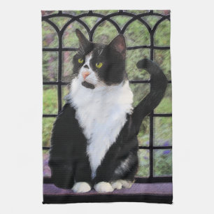 Linge De Cuisine Tuxedo Chat dans la peinture de fenêtre Art animal
