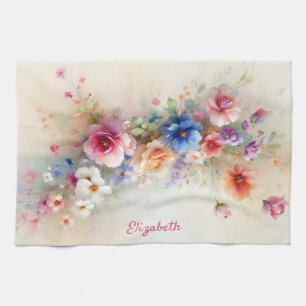 Linge De Cuisine Typographie Chic Nom de Script Fleurs Aquarelles