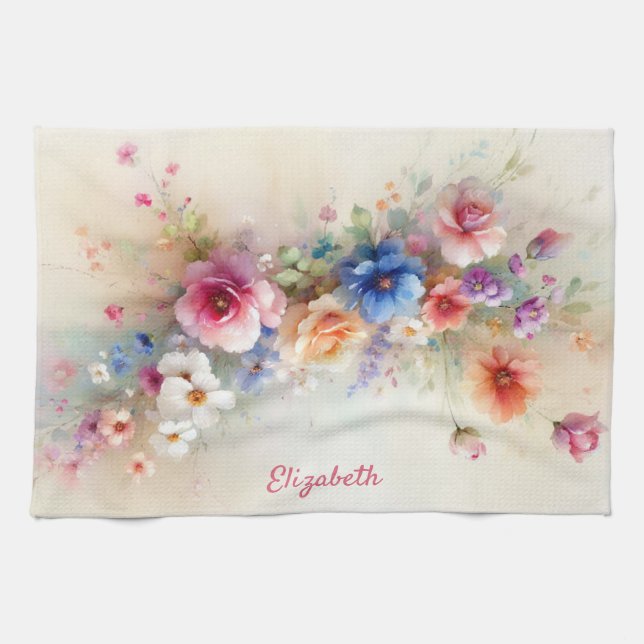 Linge De Cuisine Typographie Chic Nom de Script Fleurs Aquarelles (Horizontal)