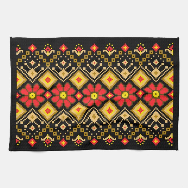 Linge De Cuisine Ukrainian traditional vushuvanka folk pattern red (Horizontal)