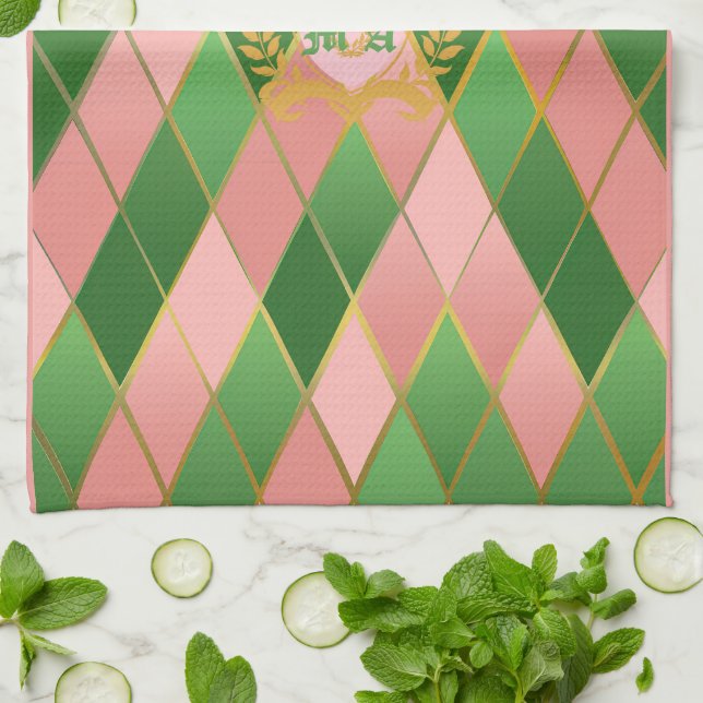Linge De Cuisine Ultra Chic Prépa Rose Vert Argyle Monogramme Blaso (Plié)