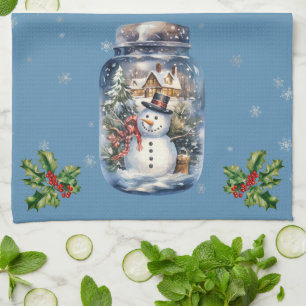 Linge De Cuisine Un bonhomme de neige dans un pot Snowflakes Blue